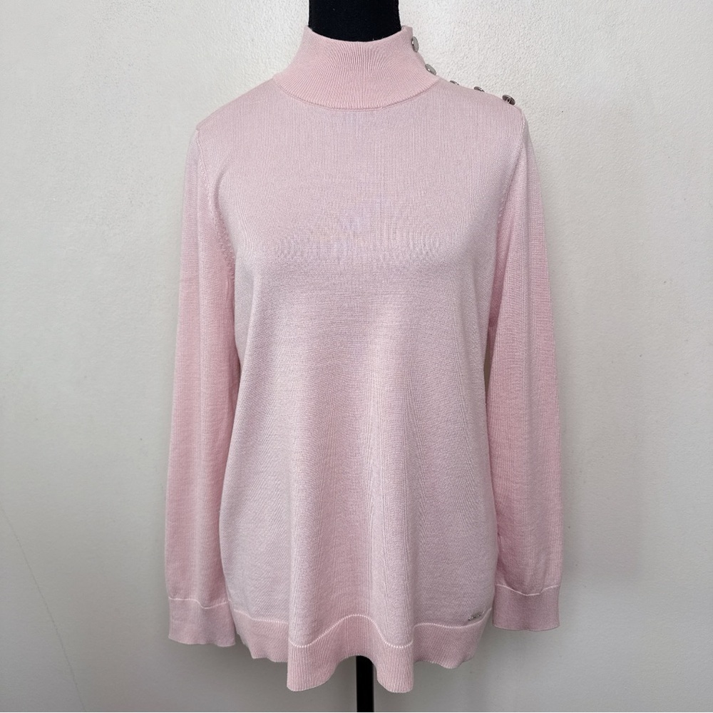Calvin Klein Womens Medium Button Shoulder Pink Mock Neck Sweater